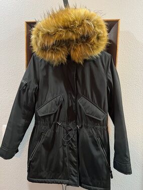 S13 NYC Sherpa Lined Faux Fur Hood Parka Puffer Coat Jacket Black Women's S/M
